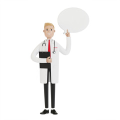 The male doctor raised his finger up to give advice or advice. Doctor with speech bubble. 3D illustration in cartoon style.