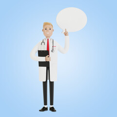 The male doctor raised his finger up to give advice or advice. Doctor with speech bubble. 3D illustration in cartoon style.