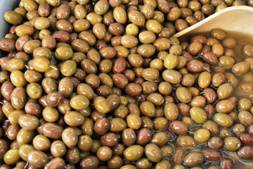 Stall with Greek olives at street market