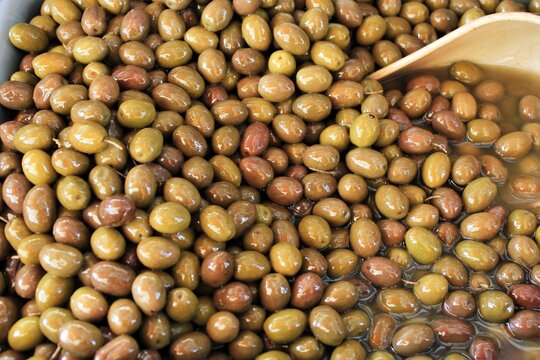 Stall with Greek olives at street market