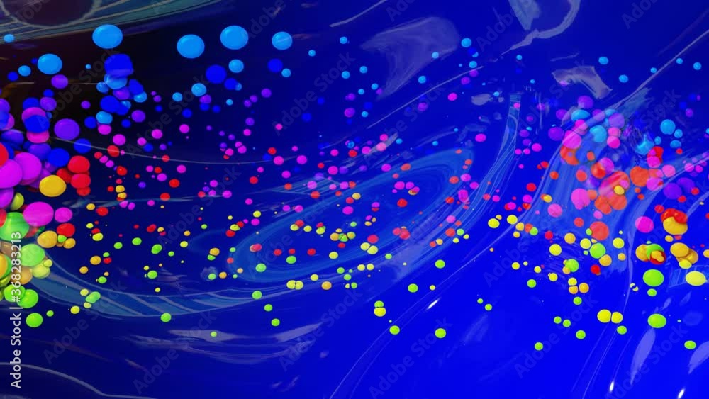 Poster abstract looped background of shiny glossy surface like wavy blue liquid with rainbow color circles 