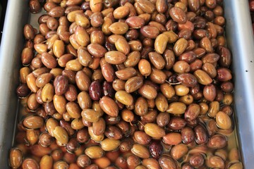 Greece, Athens, July 27 2020 - Stall with Kalamata or Kalamon olives at street market.