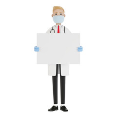 Medical specialist holding a blank poster. 3D illustration in cartoon style.