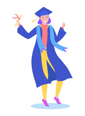Graduation girl character, school graduation student hold diploma in hat isolated on white, flat vector illustration. Enter college or higher education institution, completion secondary education.
