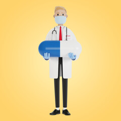 Male doctor with a big blue pill in his hands. 3D illustration in cartoon style.