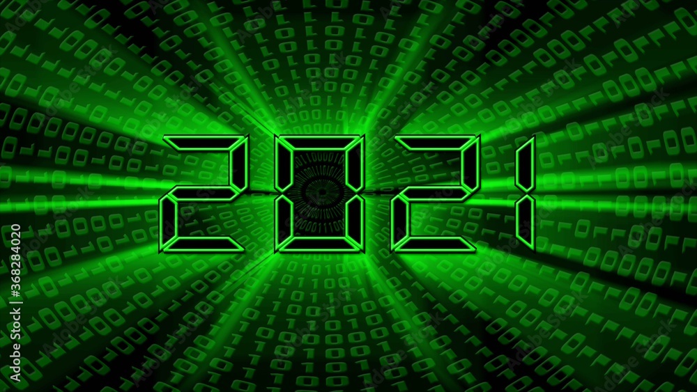 Poster year change 2021 - glowing green year digits in digital font - abstract background of binary code in