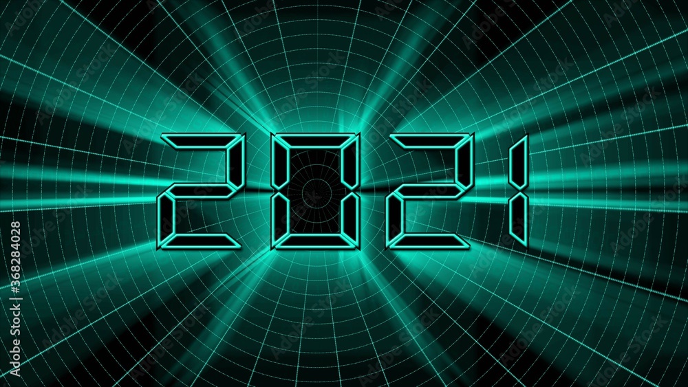 Poster year change 2021 - glowing white year digits in digital font - abstract grid background in black and