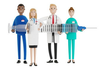 Doctors. A group of medical workers are holding a syringe. Chief physician and medical specialists. 3D illustration in cartoon style.