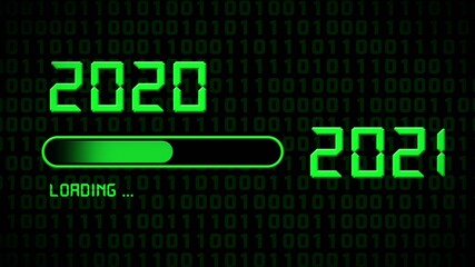 Year change 2021 - progress bar showing loading of the New Year in front of black background - graphic elements and year digits in green color- 3D illustration