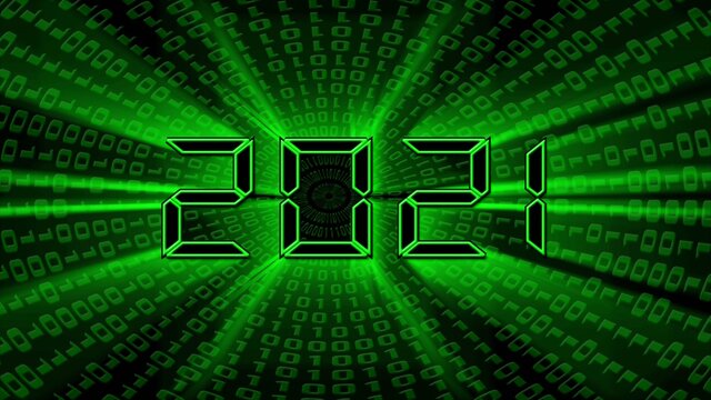 Year change 2021 - glowing green year digits in digital font - abstract background of binary code in green color - 3D illustration