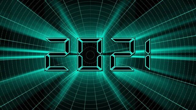 Year change 2021 - glowing white year digits in digital font - abstract grid background in black and white with binary code in the dark - 3D illustration