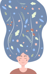 Flat illustration of a girl with flowers and leaves in her long dark hair. Cute  image of a young girl with closed eyes, dreaming of flowers and summer. Abstract illustration in pastel colors.