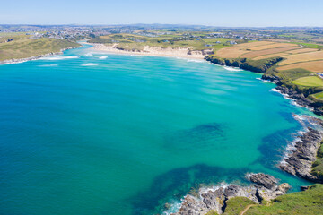 Fototapeta na wymiar Aerial photograph of Crantock Beach and Pentire Head, Newquay, Cornwall, England