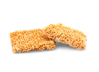 Closeup of two instant noodles isolated on white background.