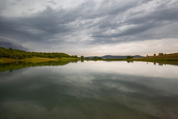 Lake in cloudy weather. Gorgeous view. Golyazi. Bursa.