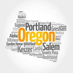 Fototapeta premium List of cities in Oregon USA state, map silhouette word cloud, map concept background