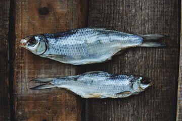 Two dried fish on a wooden background 