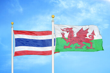 Thailand and Wales two flags on flagpoles and blue sky