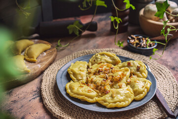 Homemade dumplings with potato and mushroom, blue plate, wooden rustic table at kitchen near window. Organic, healthy vegetable vegan food. Selective focus, copy space. 