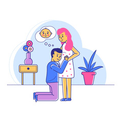 Line happy family character male female, wife say husband pregnant, cheerful man standing knees listening baby heartbeat isolated on white, flat vector illustration. Cozy room design interior.
