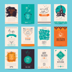 Halloween party invitation, greeting card, flyer, story, banner, poster design templates. Hand drawn traditional symbols, illustrations, handwritten lettering. Orange and turquoise vector collection.