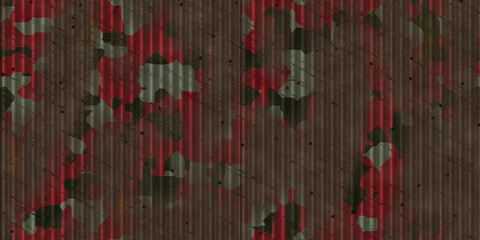 Red rusted camouflage fluted metal fencing backdrop. Corrugated metal texture. Crimp fence...