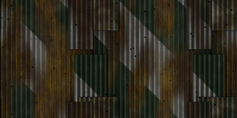 Green white weathered rust ribbed metallic surface. Wavy iron wall pattern. Fluted metal fencing...