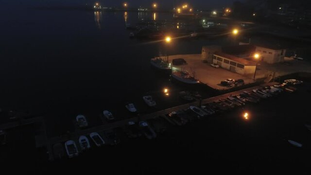 Harbour at night in Galicia,Spain. Aerial Drone Footage