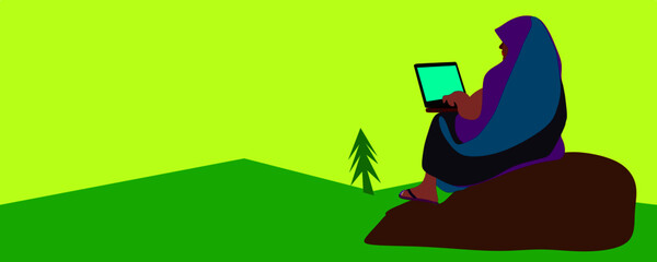 An indian poor village farmer lady cartoon illustration working on computer isolated nature green colorful background.