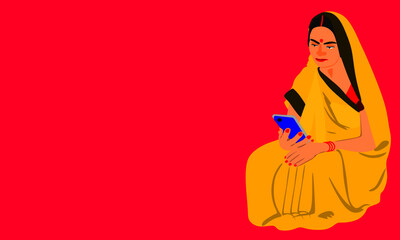 An indian village lady operating smart phone wearing yellow traditional sari at pink background.
