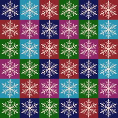 Seamless Christmas pattern consisting of bright multi-colored squares with diy cut paper snowflake in middle of each of them.
