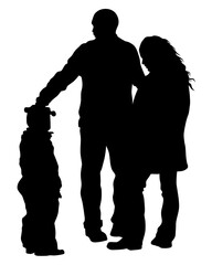 Families with little child walking on street. Isolated silhouettes of people on white background