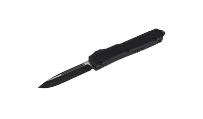 Switchblade (automatic) out-the-front (OTF) knife with black handle and black tactical blade (double edge). Pocket penknife with retractable blade