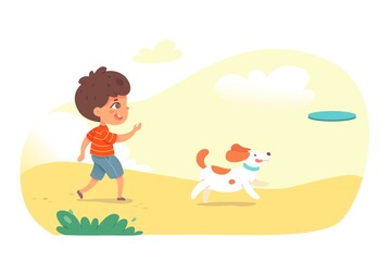Obraz na płótnie Canvas Cute boy playing with dog in flying disc