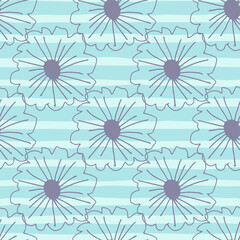 Fototapeta na wymiar Purple contoured outline daisy flowers seamless pattern on dark blue background. Botanic backdrop.