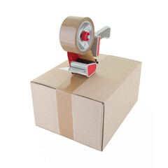 Tape gun and cardboard box on white with clipping path