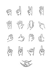 Set of hands counting, holding smartphone, pointing, showing gestures, OK., handshake, hand drawn vector illustration in black line
