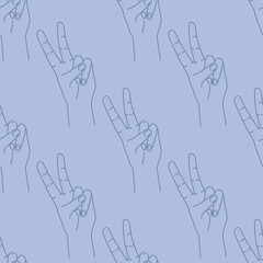 Fototapeta premium Seamless pattern of hand drawn doodle sketch peace sign. Silhouette contour on a blue background. Hand drawn expression gesture.
