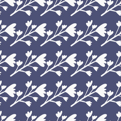 Flowers seamless botanic pattern. Bright navy blue background with light floral elements. Simple backdrop.