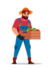 Farmer harvesting fresh vegetable crop in wood box