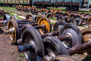 New railway wheelsets are stored in the car repair depot