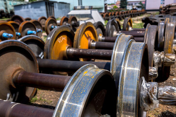 New railway wheelsets are stored in the car repair depot