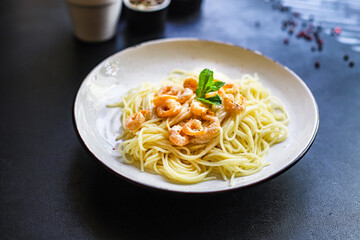 pasta shrimp spaghetti creamy prawn seafood sauce main dish second course food background top view copy space for text organic healthy eating