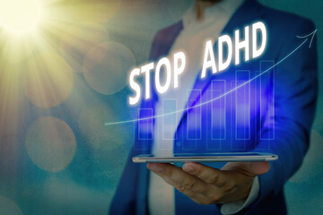 Word writing text Stop Adhd. Business photo showcasing treat a disorder that affects the brain and behaviors of a child Arrow symbol going upward denoting points showing significant achievement