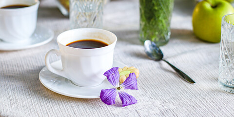 coffee and breakfast on the table outdoor country terrace
food background top view copy space for text organic healthy eating