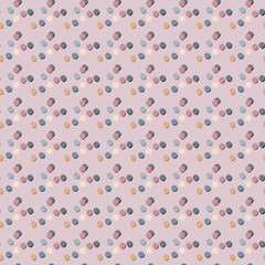 Random abstract polka dot seamless pattern. Small dots in blue, pink, purple colors on pastel lilac background.