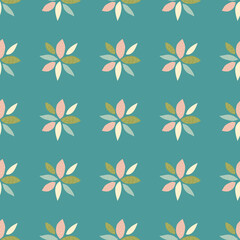 Seamless pattern with abstract flowers. Petals in pink, green, blue, white colors. Turquoise background.