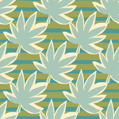 Pastel blue cannabis leaves on seamless pattern. Stripped background in blue and green colors.