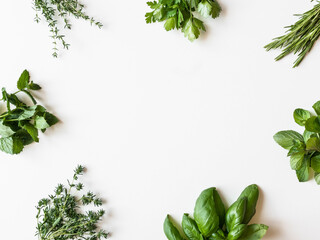 Obraz premium Flat-lay of various fresh green kitchen herbs. Parsley, mint, savory, basil, rosemary, thyme over white background, top view. Spring or summer healthy vegan cooking concept