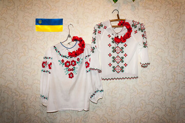 Ukrainian national dress and Ukrainian flag